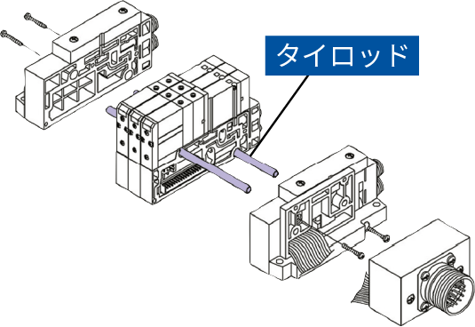 タイロッドタイプマニホールドをタイロッドおよび接合金具により連結。マニホールドのねじれに強い。